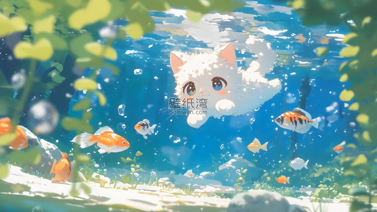 可爱猫咪水下世界游泳，周边小鱼环绕高清插画电脑壁纸图片