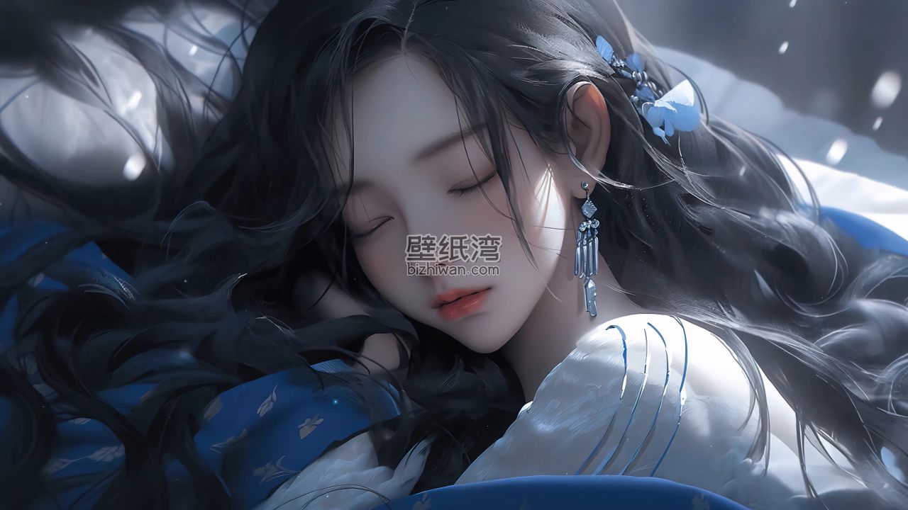 梦幻少女睡姿，瀑布般的长发唯美插画电脑壁纸图片