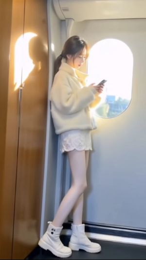 清纯的长腿女生穿着白色的衣服，在火车上看手机手机壁纸图片