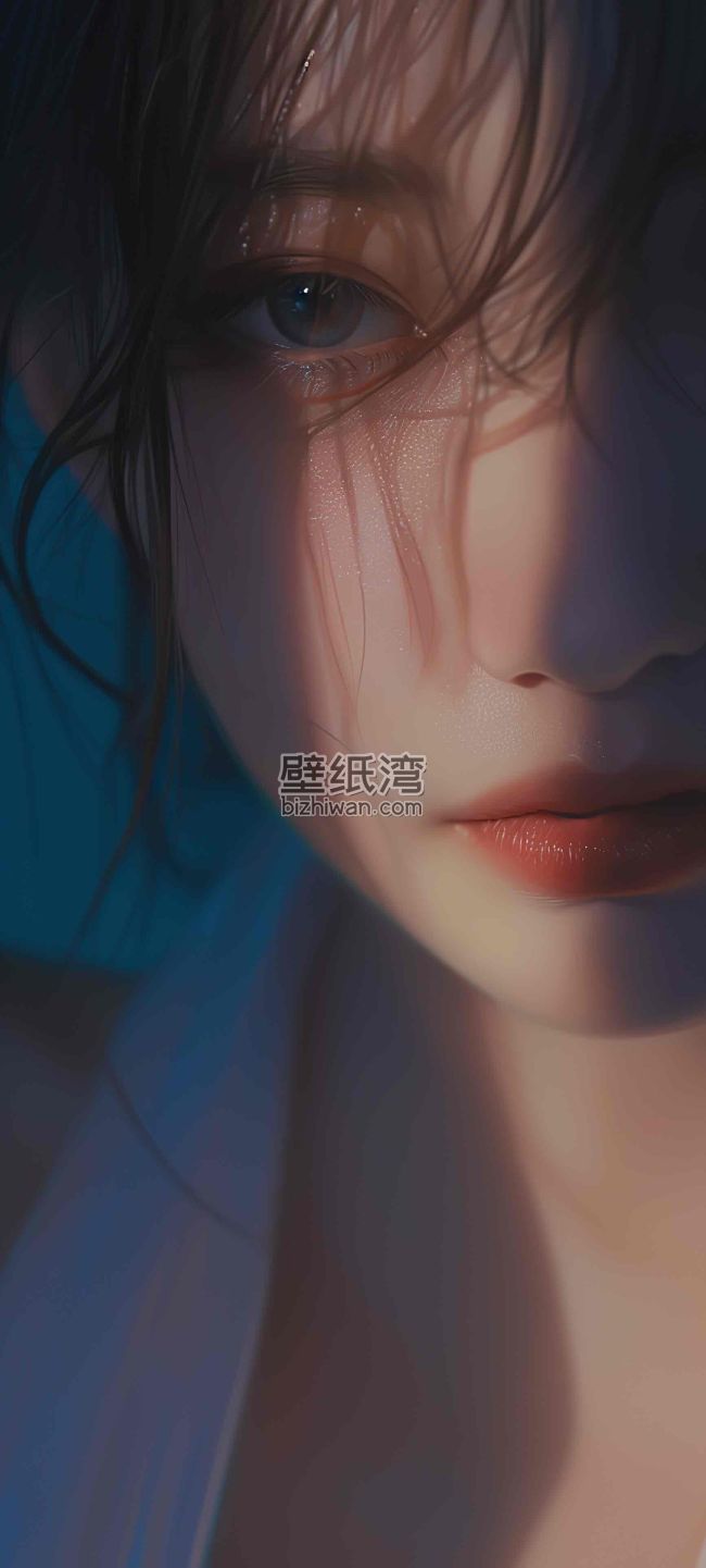 蓝色背景下美丽女子面部特写，明亮的眼睛，光线柔和，手机壁纸图片