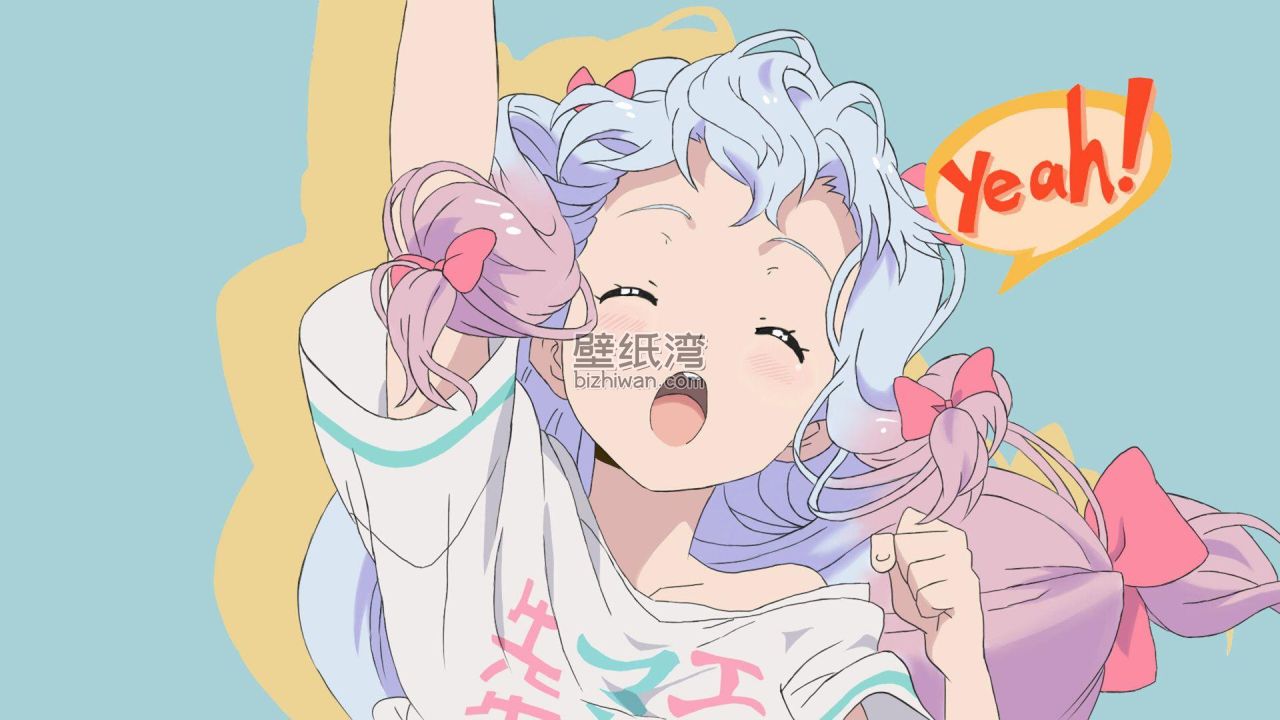 埃罗芒阿老师蓝发女孩举起手臂比Yeah，浅蓝色背景电脑壁纸图片