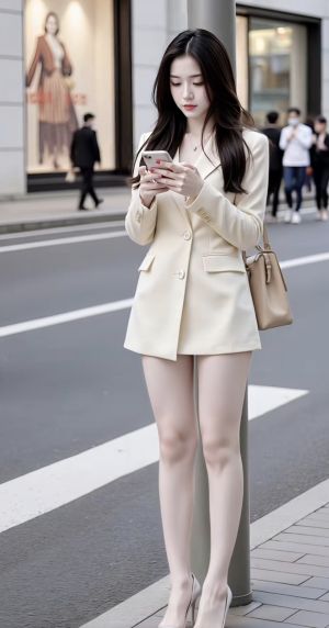 穿着米色西装的长腿美女在大街上看手机，手机壁纸图片