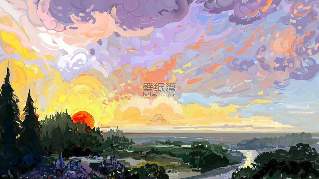 日落时分的森林、河流与云彩抽象艺术插画风格电脑壁纸图片