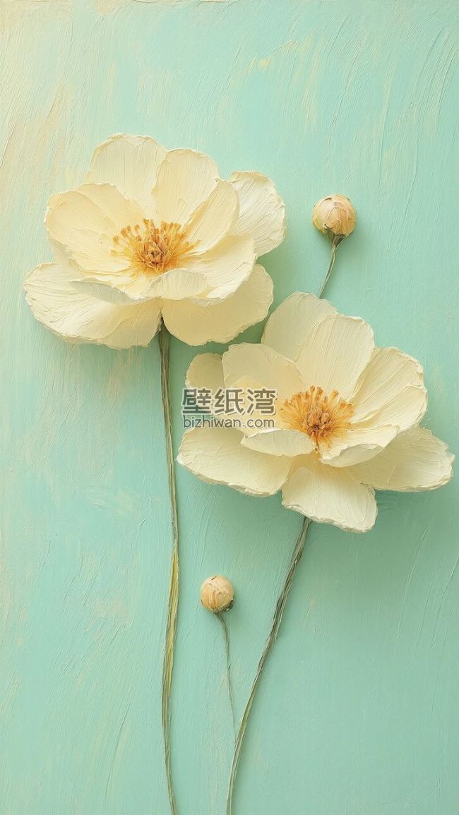 浅绿色背景上有两朵盛开的浅黄色花朵