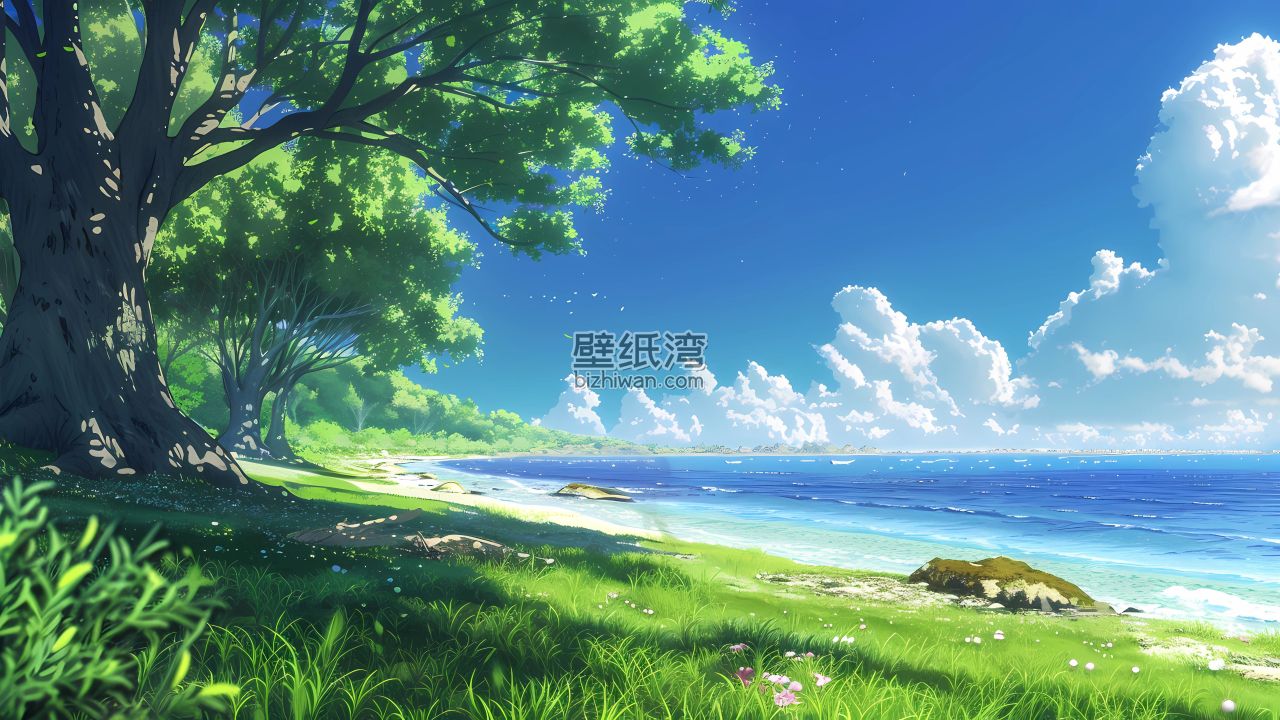 蓝色的天空、大海和白云，海边的绿树和草地，电脑壁纸图片