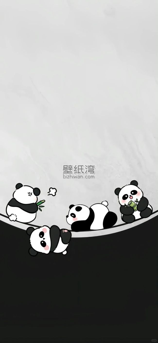四只可爱的卡通大熊猫在树枝上吃竹子，极简黑白手机桌面壁纸