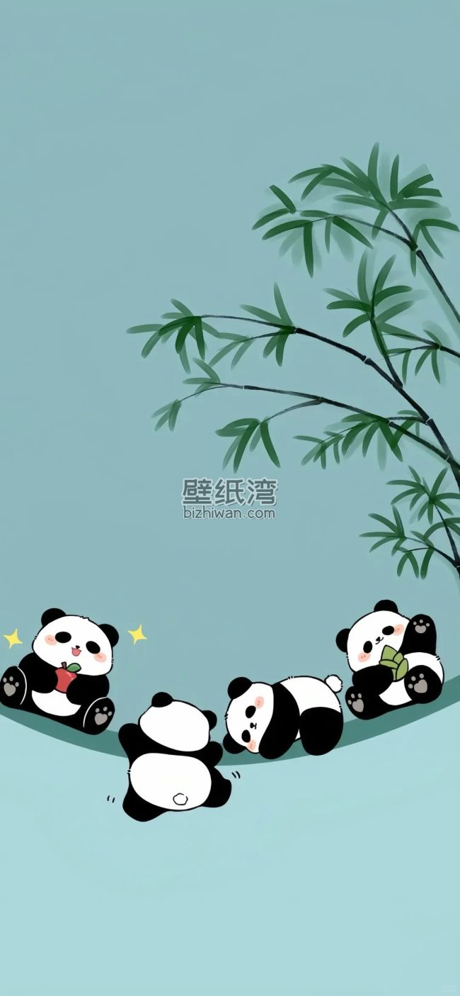 熊猫在竹子下休息，极简可爱大熊猫插画，手机壁纸下载