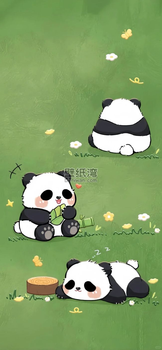 三只熊猫在草地上玩耍 手机壁纸图片