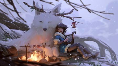 雪地中的女孩与白狐在篝火旁休息 4K高清卡通风格电脑壁纸