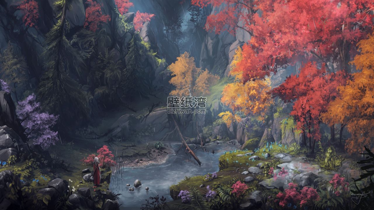 秋天的森林景观，树木色彩斑斓，溪流蜿蜒穿过，电脑壁纸