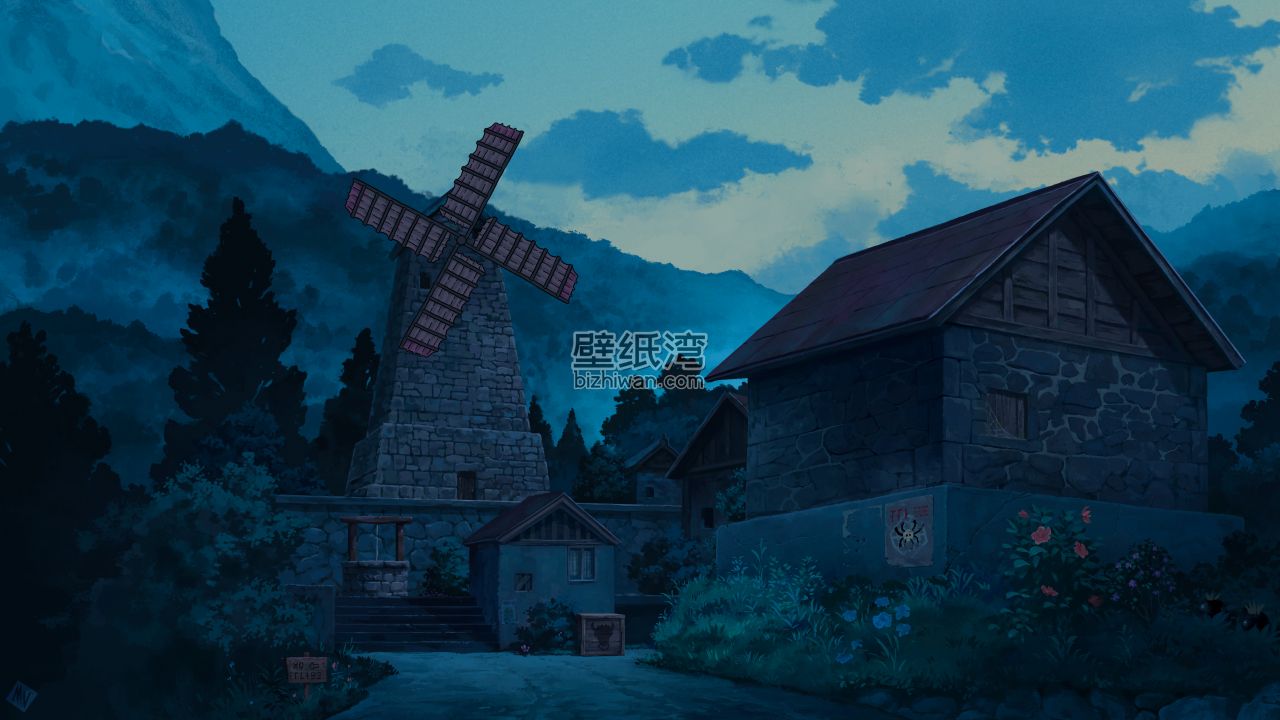 夜晚的山间风车与石屋 4K电脑壁纸