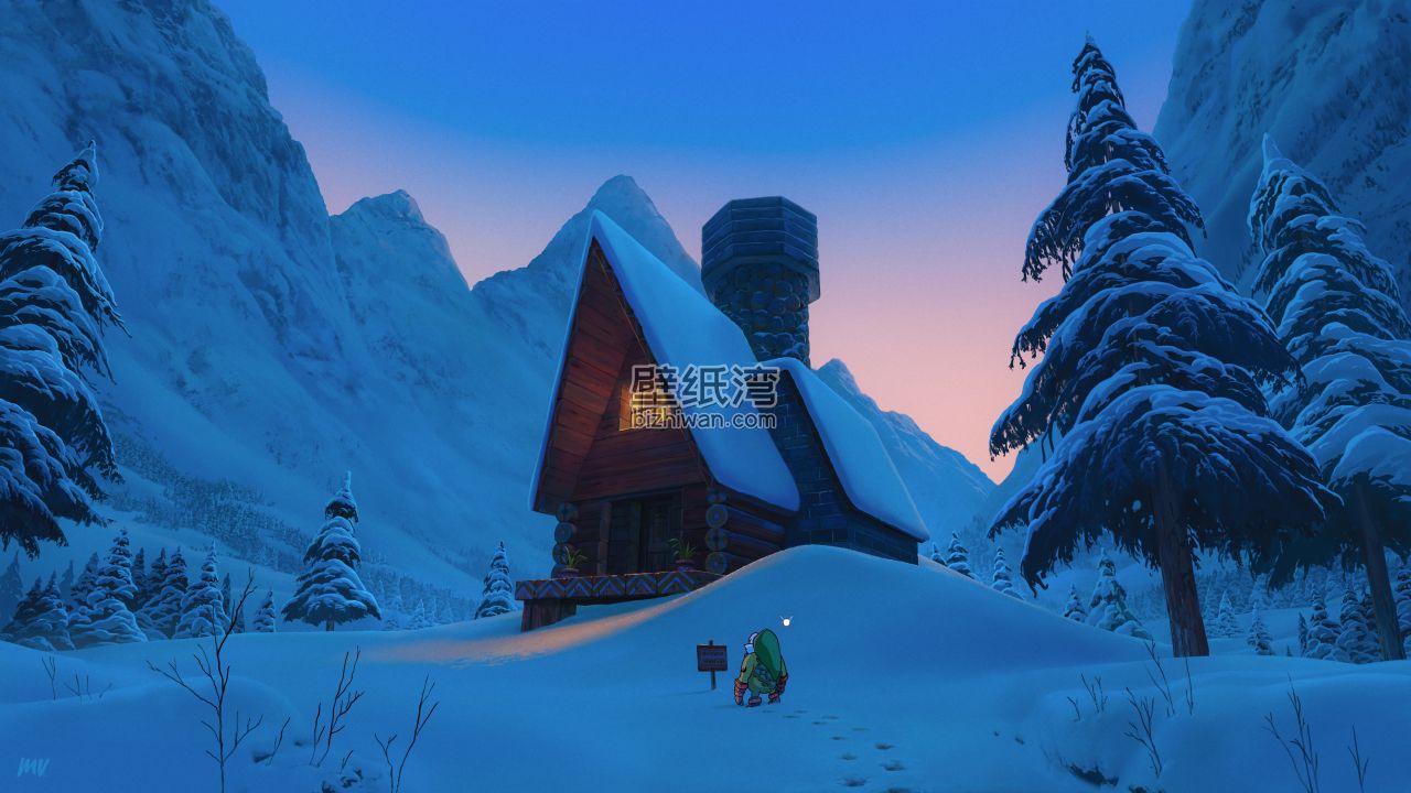 雪夜中的山间小屋，周围覆盖着积雪的松树和远处的雪山，4K电脑壁纸
