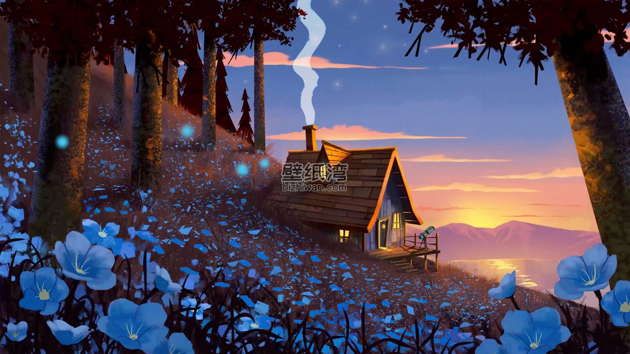 森林中的小屋在夕阳下，周围开满了蓝色花朵，卡通风格4K电脑壁纸