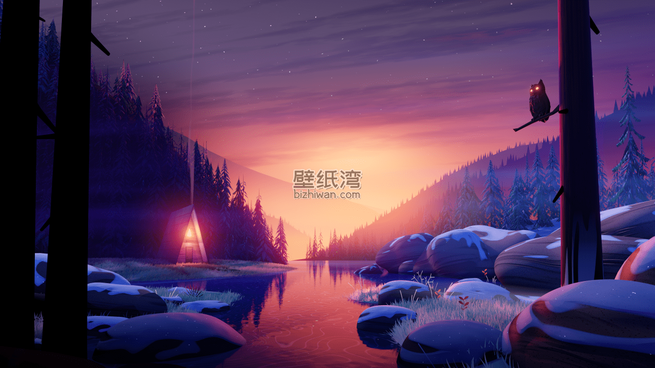 夜晚的森林湖畔，一只猫头鹰栖息在树上，远处有帐篷灯光，4K高清壁纸