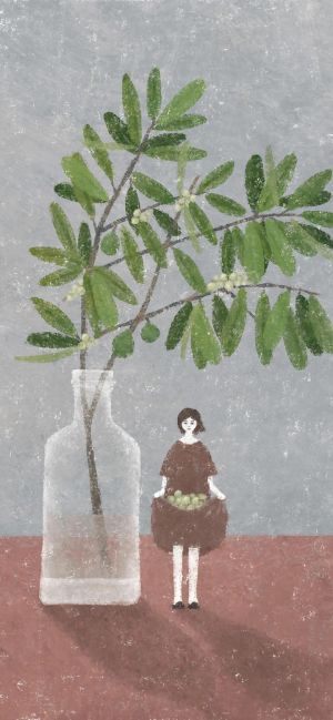 插画中一个女孩站在透明花瓶旁，花瓶里插着绿色植物，壁纸图片下载