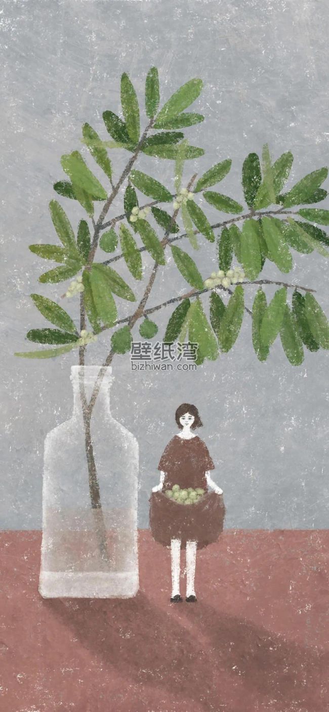 插画中一个女孩站在透明花瓶旁，花瓶里插着绿色植物，壁纸图片下载