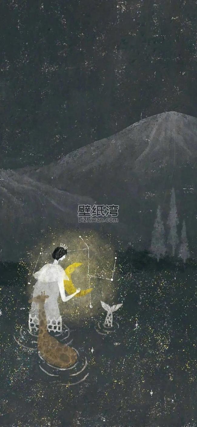 夜晚山林中的人物、星座与月亮插画手机壁纸
