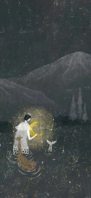 夜晚山林中的人物、星座与月亮插画手机壁纸