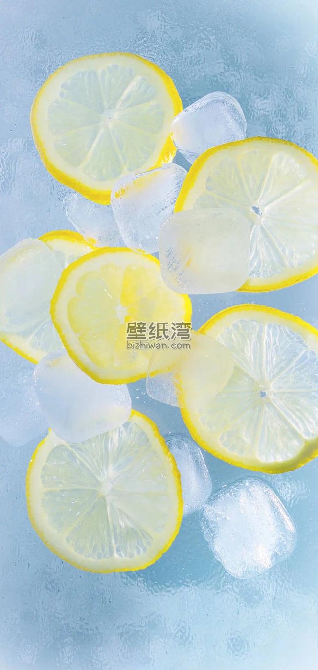 柠檬片与冰块 蓝色背景 手机壁纸图片