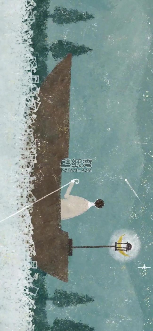 海里的船，人的剪影，岸边的路灯、树木，手机壁纸插画下载