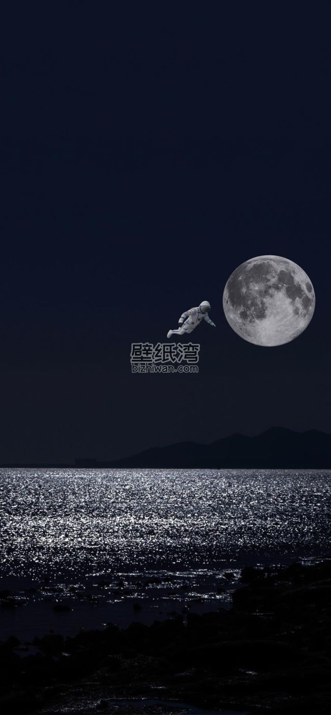 宇航员在夜空中漂浮  月球和海面 手机壁纸下载