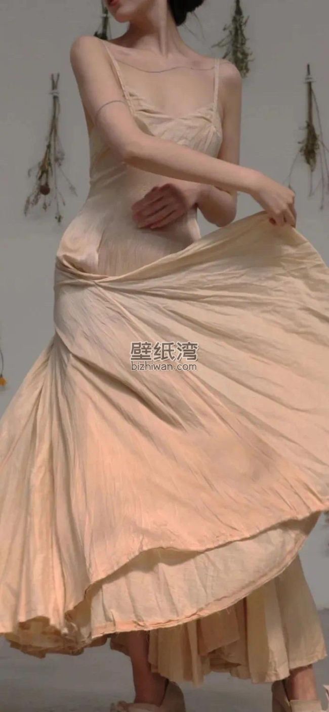 时尚美女穿着浅色长裙 干花装饰 手机壁纸图片
