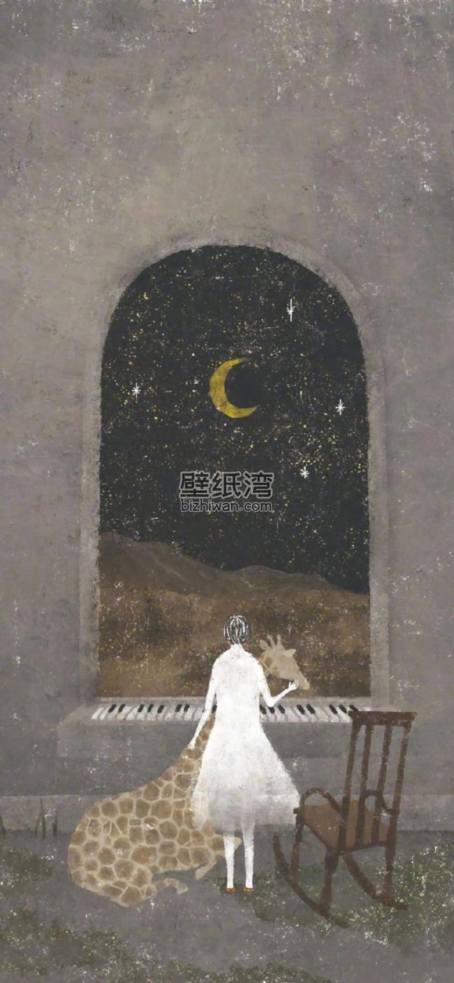 女孩在窗前弹钢琴，窗外是新月和星空 1080*2337 壁纸图片