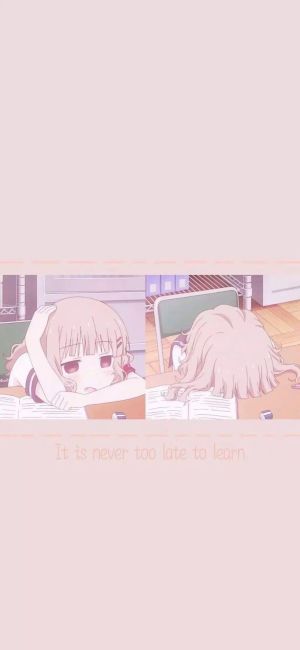 动漫小女孩趴在书桌前学习，书架和电脑 886*1920图片