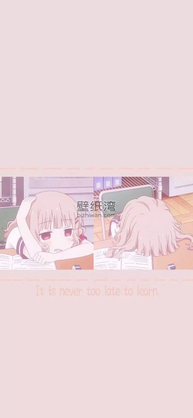 动漫小女孩趴在书桌前学习，书架和电脑 886*1920图片