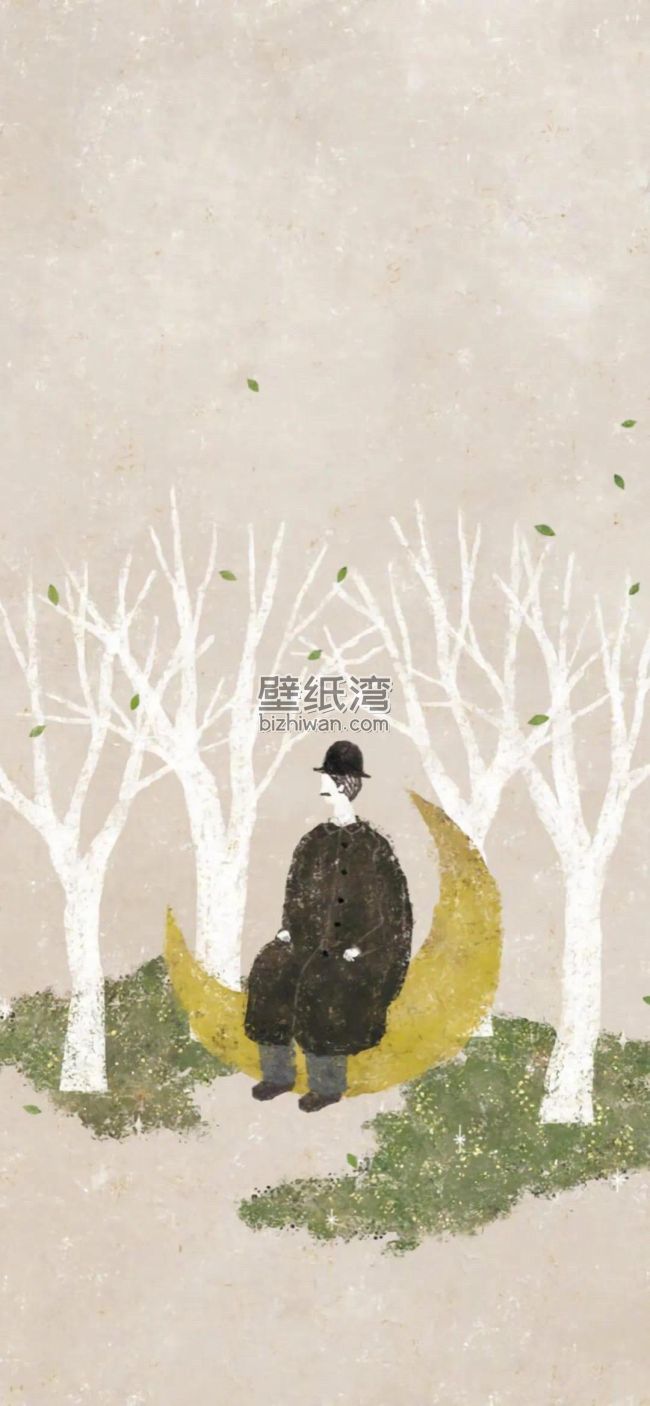 一个人坐在新月上，周围是光秃的树木