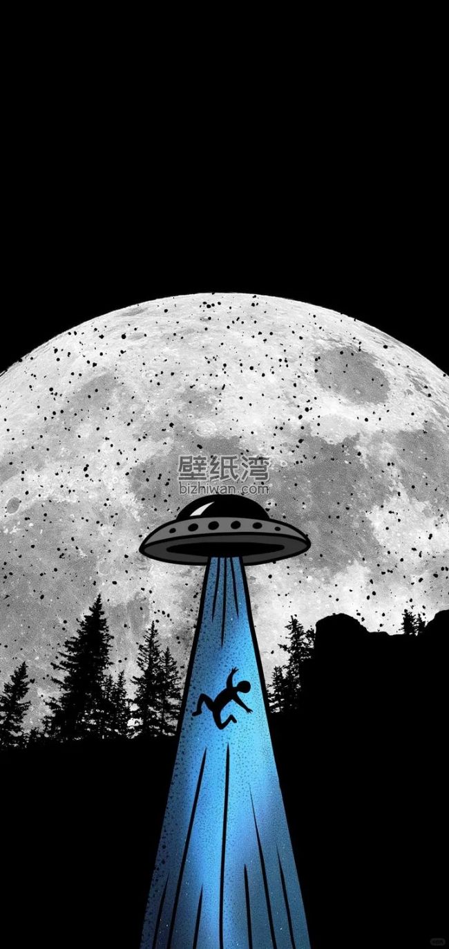 UFO在满月下用光束捕捉人类，手机壁纸