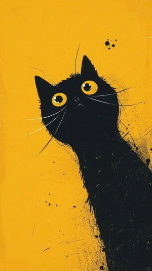 黄色背景上的黑色猫咪极简插画壁纸图片