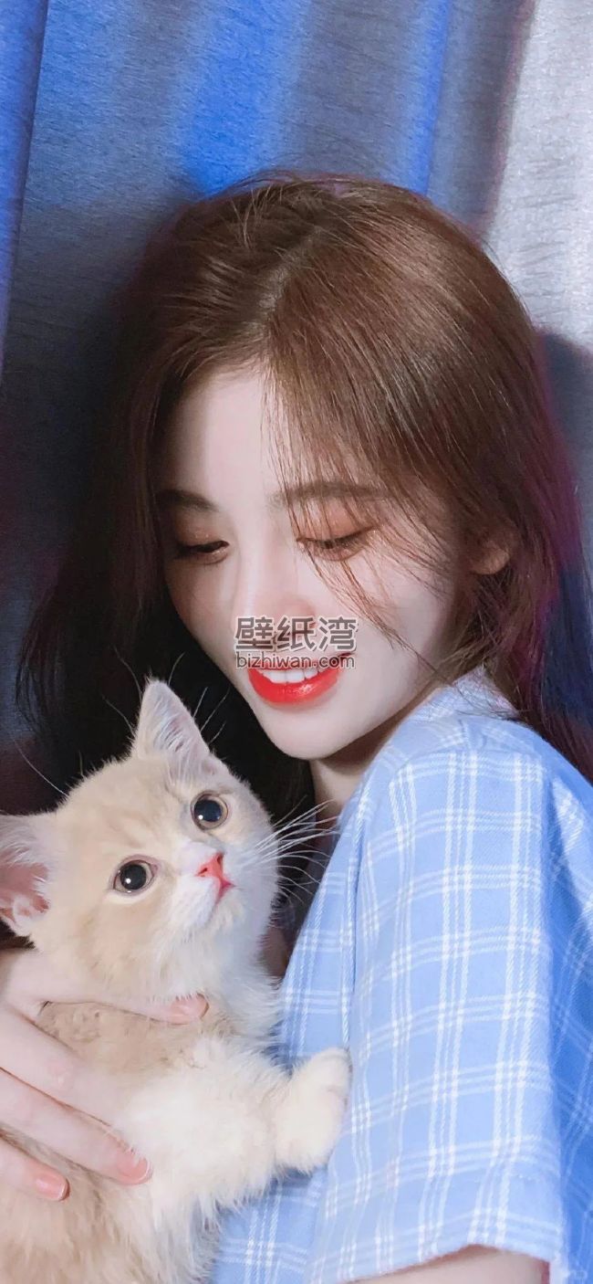 鞠婧祎抱着一只毛茸茸的猫咪，蓝灰色窗帘，美女手机壁纸图片