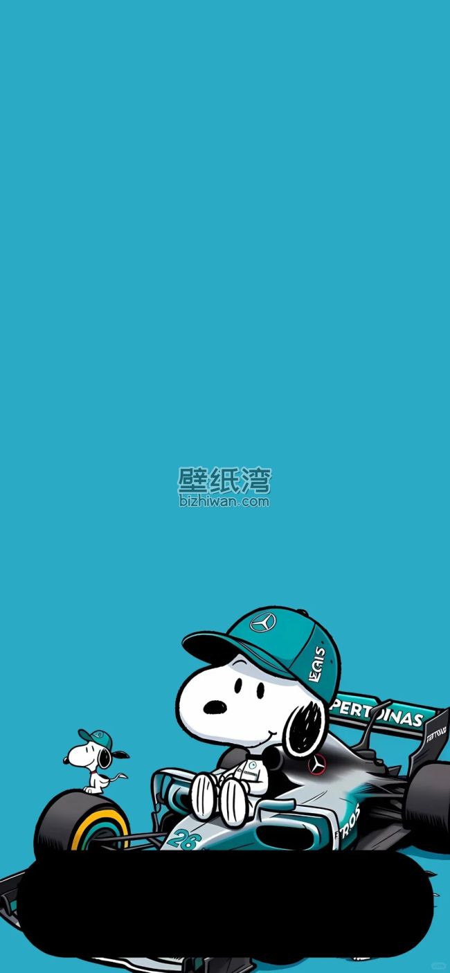 史努比坐在赛车上，蓝色背景手机壁纸