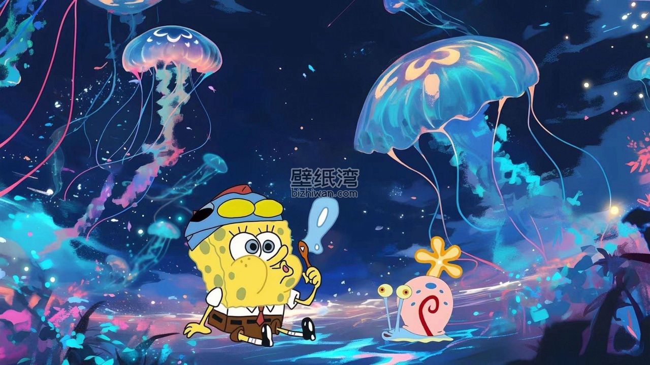 海绵宝宝和派大星在水下世界与水母互动 4K电脑壁纸