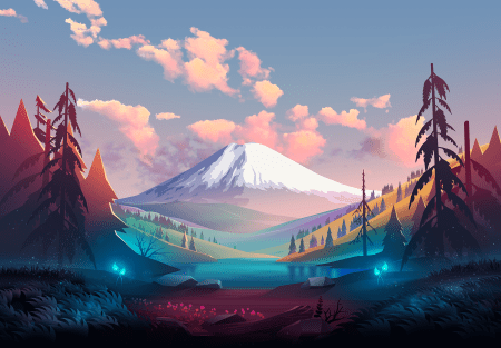 富士山下的梦幻森林与湖泊卡通风格图片