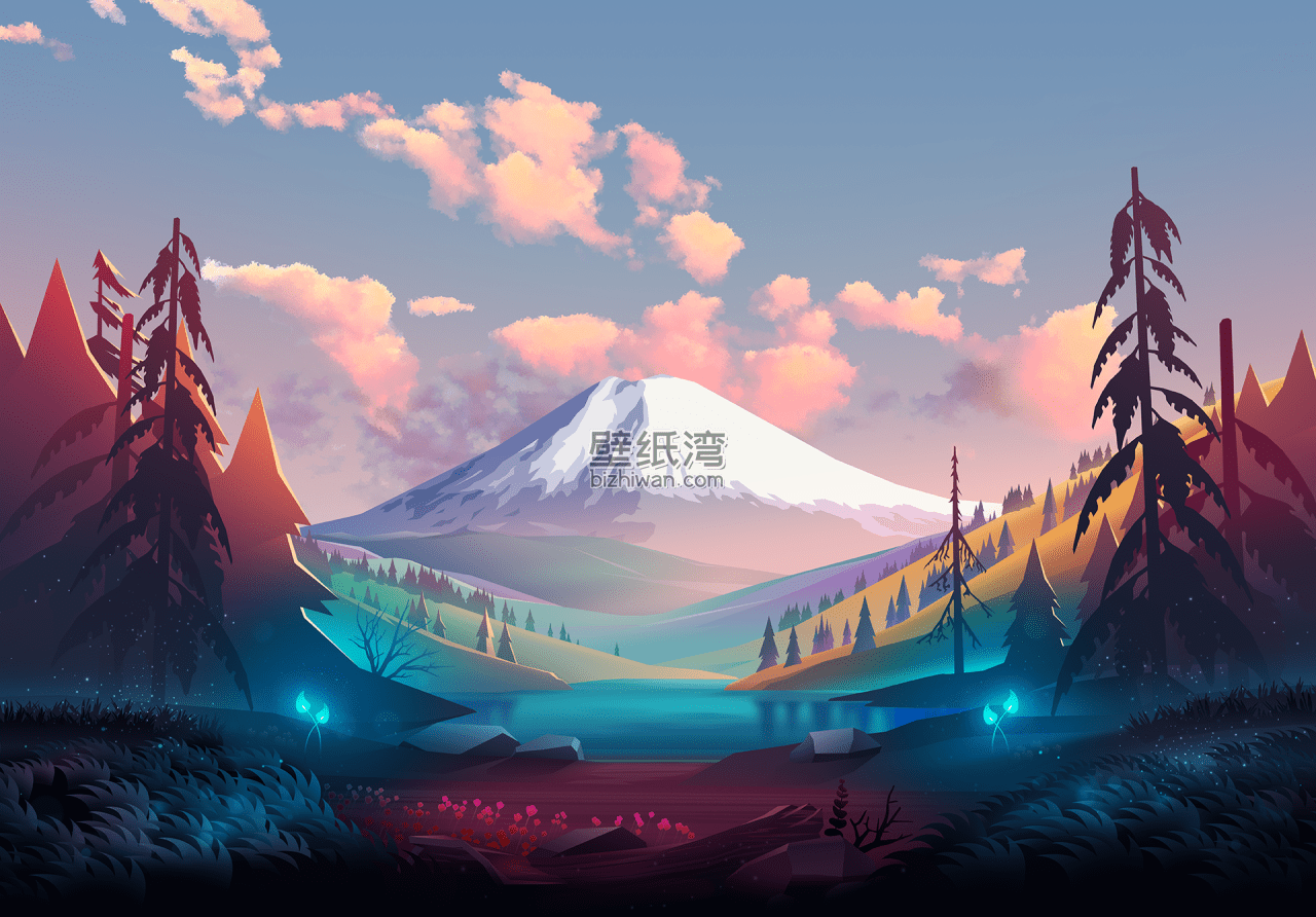 富士山下的梦幻森林与湖泊卡通风格图片