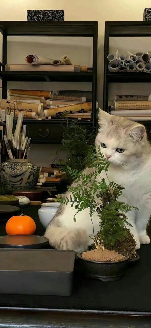 白色猫咪坐在书架前的盆栽旁，旁边有一个橙色南瓜