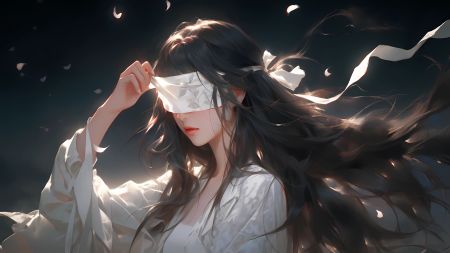 长发飘逸的蒙眼漫画女孩，白色服饰，飞舞的花瓣，4k壁纸下载