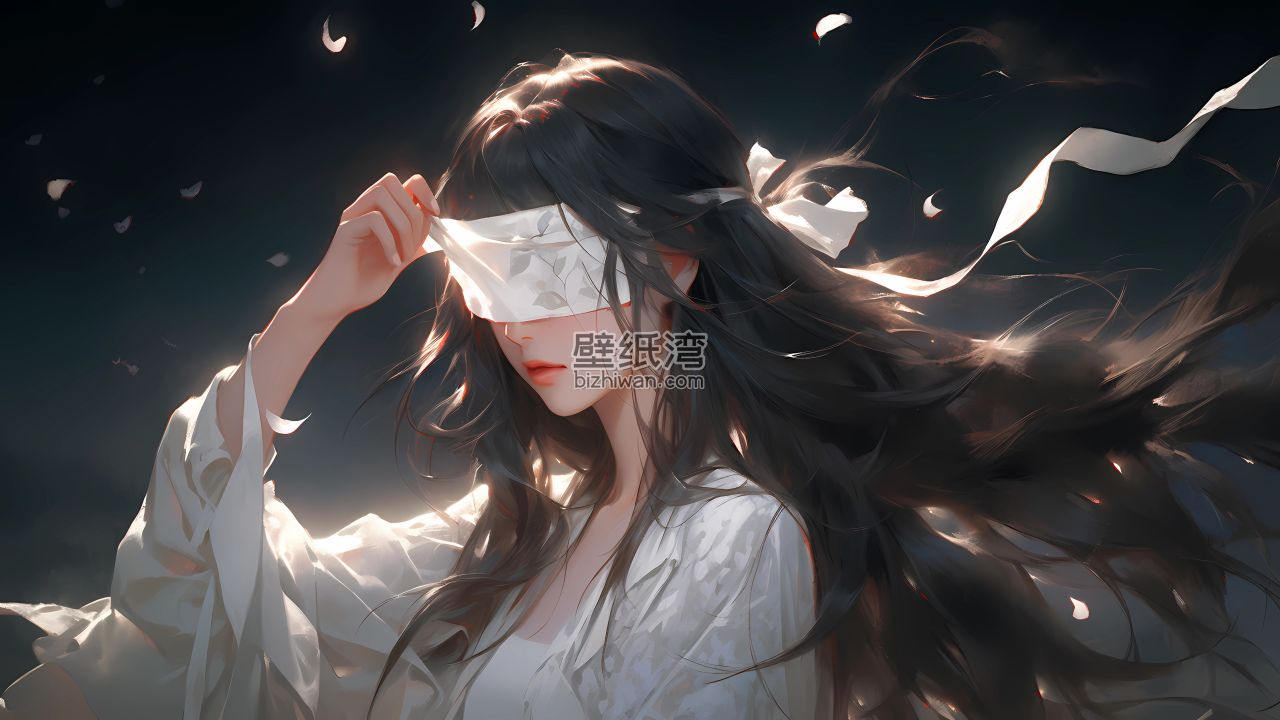 长发飘逸的蒙眼漫画女孩，白色服饰，飞舞的花瓣，4k壁纸下载