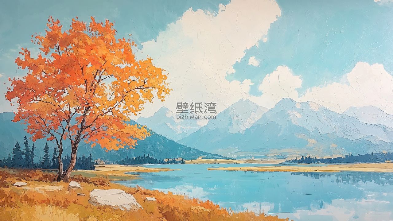 秋天的湖畔景色 橙色的树和远处的雪山 4K电脑壁纸