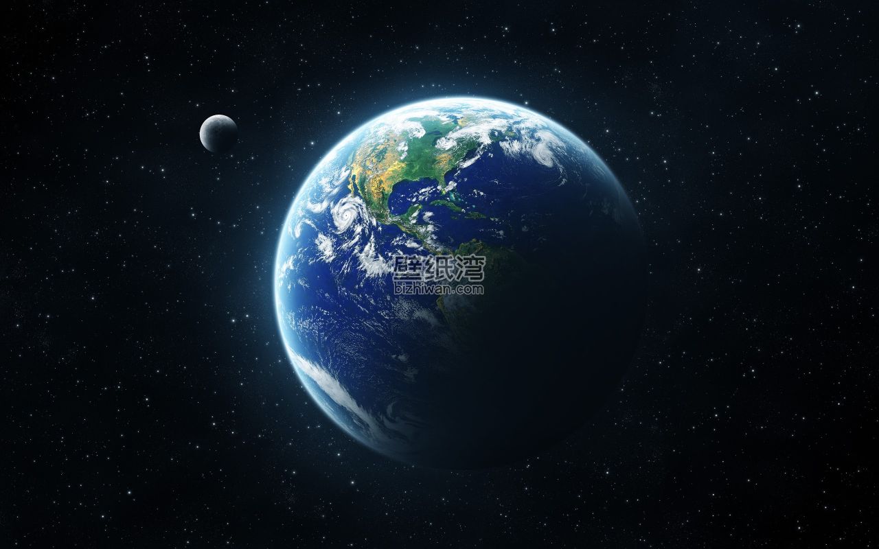 宇宙中的地球全景与月球电脑桌面壁纸