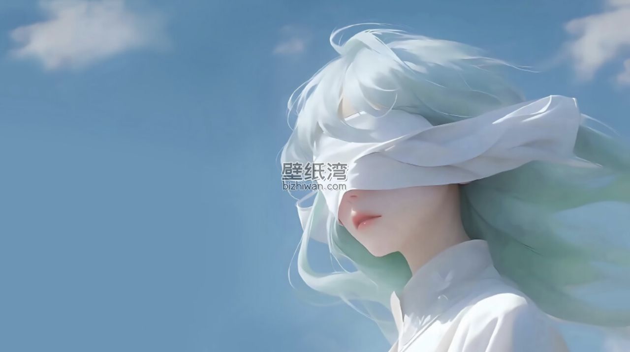 动漫女孩侧脸特写，长发飘逸，白色布条遮眼