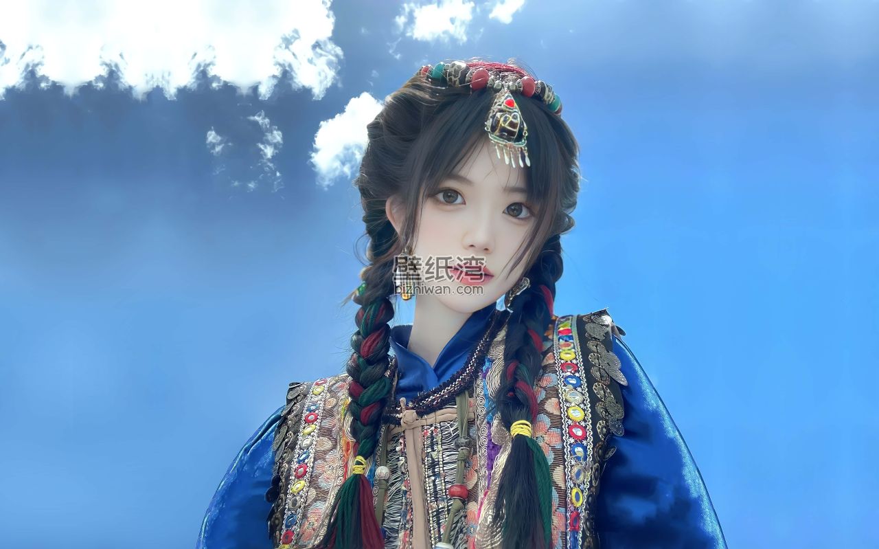 蓝天白云下身穿传统服饰的美女卓玛，电脑桌面壁纸