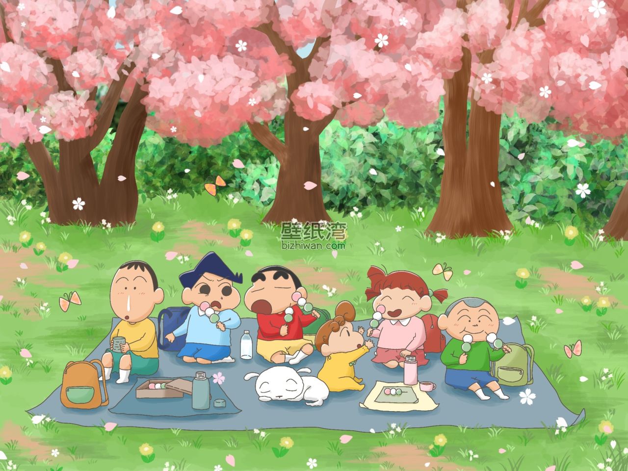 蜡笔小新和他的朋友们在樱花树下野餐 电脑壁纸
