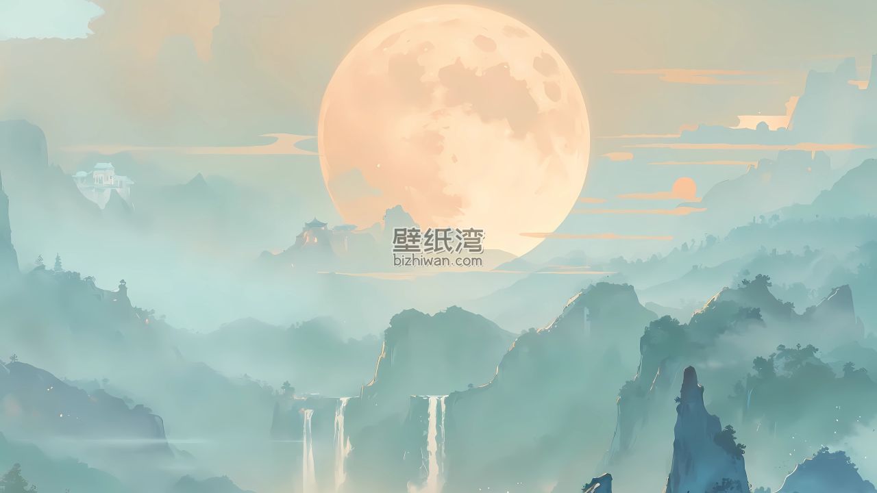 月光下的山水瀑布中国风风景4K电脑壁纸