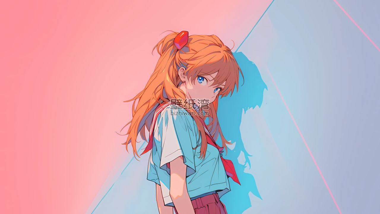 动漫女孩侧身站立，单马尾辫，粉色和蓝色渐变背景，6K电脑壁纸