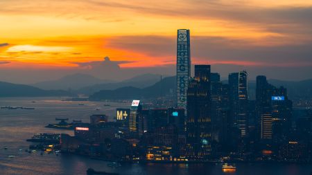 香港维多利亚港日落时分的城市天际线5K电脑壁纸下载