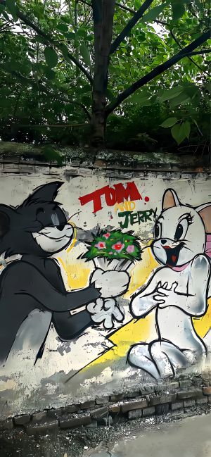 猫和老鼠，汤姆和杰瑞，墙上的涂鸦，5K高清手机壁纸