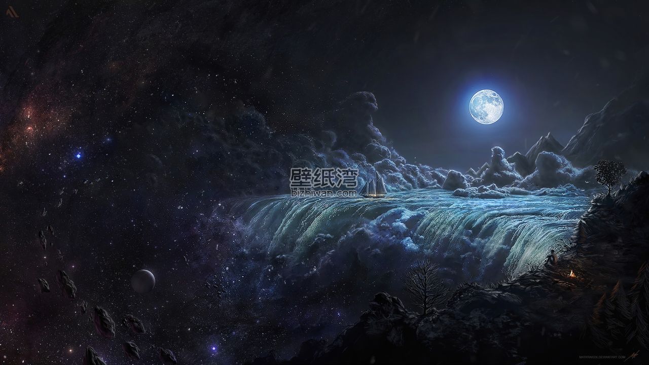 夜空下的瀑布景观，月亮高悬，星光闪烁，4K高清电脑壁纸